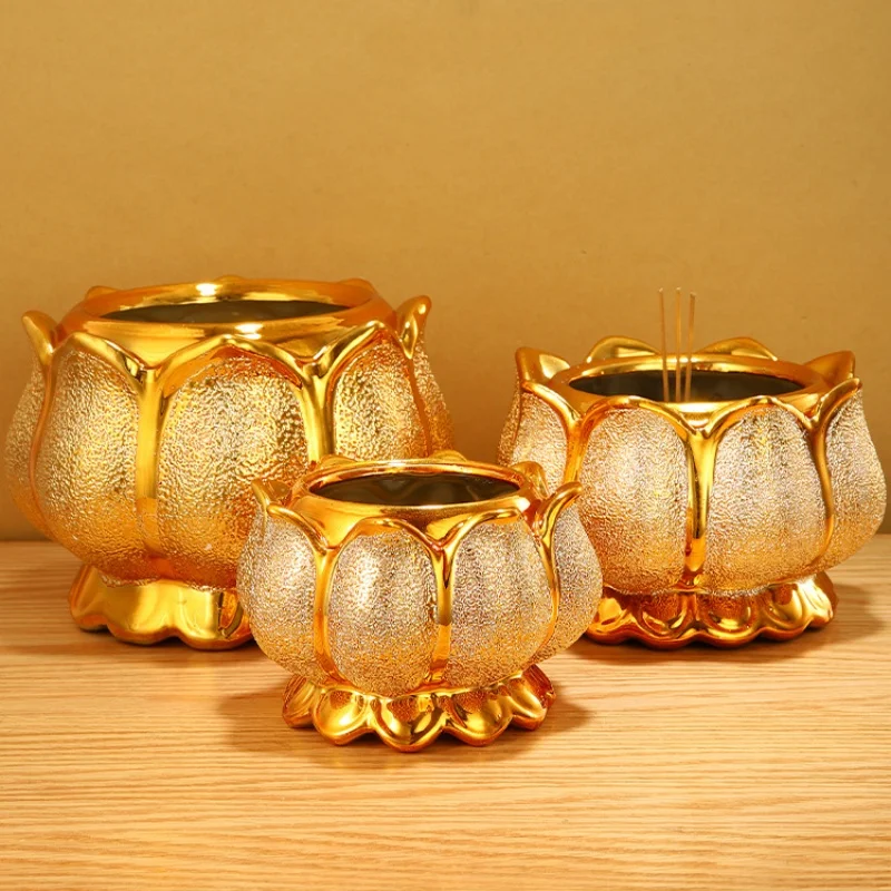 Buddhism Incense Burner Golden Ceramic Incense Sticks Holder Religious Items Lotus Decoration 4