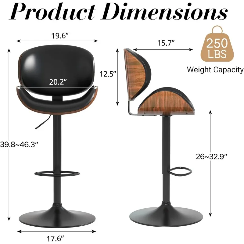 Ensemble de 2, tabourets de bar pivotants à hauteur réglable, chaises de bar rembourrées en cuir PU avec repose-pieds, tabouret de bar en bois courbé pour cuisine