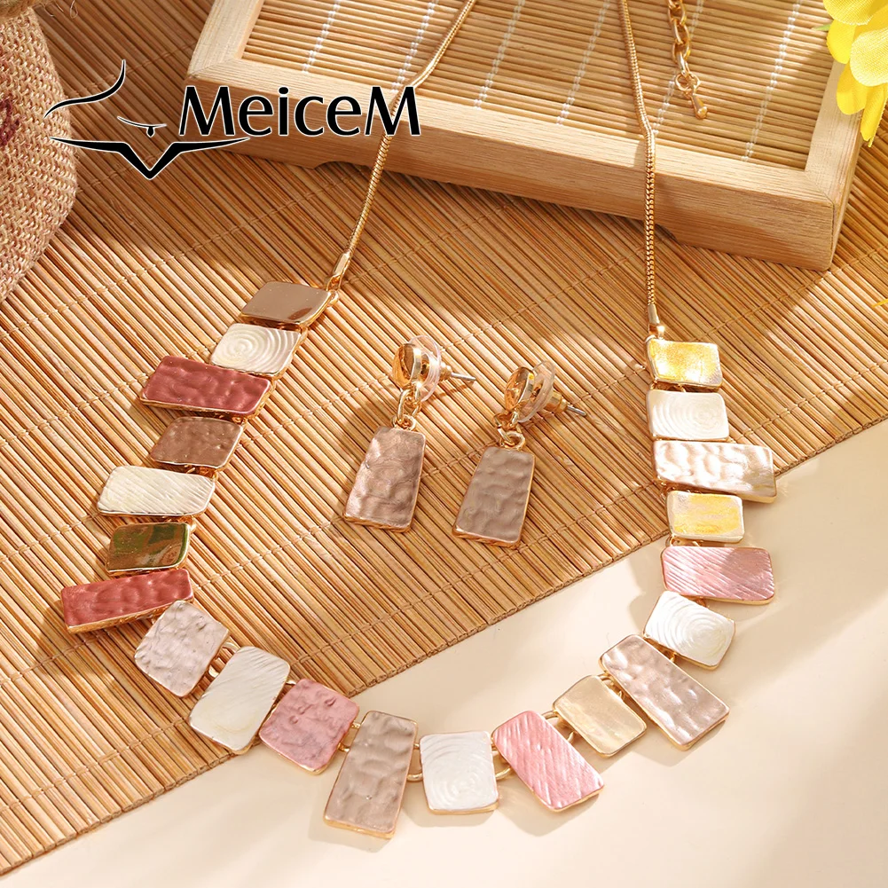 MeiceM Jewelry Set Zinc Alloy Colorful Geometric Square Simple Design Necklace And Earrings Fashion Jewelry Set For Women