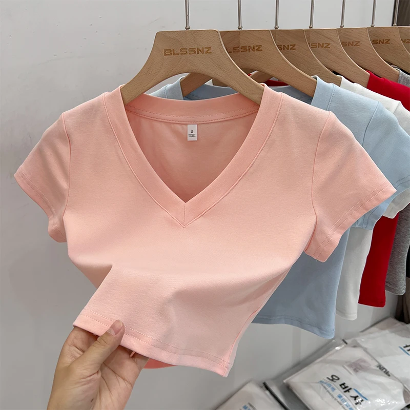 Trendiges Vielseitiges Minimalistisches T-Shirt 2026 Sommer Damen V-Ausschnitt Einfarbig Kurzarm Sexy Figurbetont Y2K Crop Top