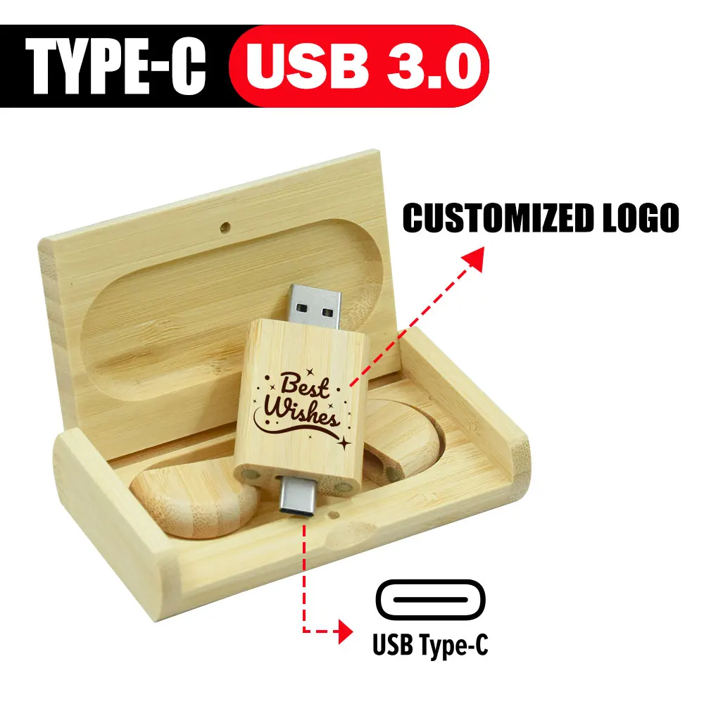 Type-C 2 in 1 Custom Wooden USB3.0 Flash Drive U Disk Wood Chip Pen Drive 8GB 16GB 32GB 64GB 128GB USB Pendrive Free Custom Logo