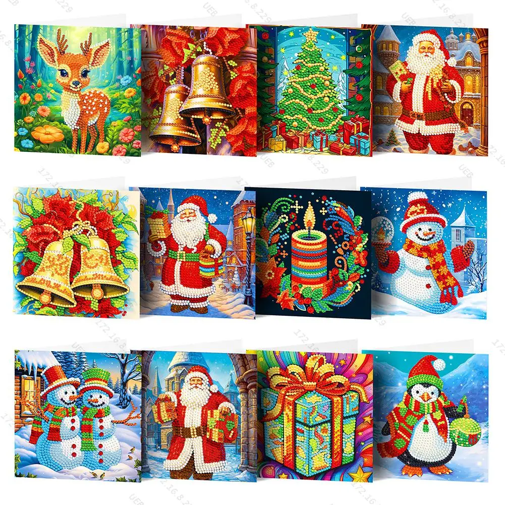 

8/12PCS Diamond New Year Christmas Greeting Card 5D DIY Crystal Rhinestone Embroidery Arts Cards Kits Shaped Drill Greeting Card