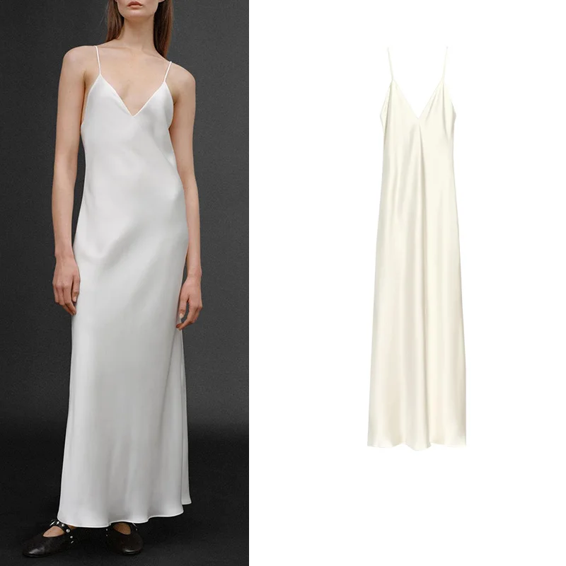 Letnia damska długa sukienka midi z satyny jedwabnej z dekoltem w serek, wysokim stanem, bez rękawów, do pracy, w jednolitym kolorze, codzienna.