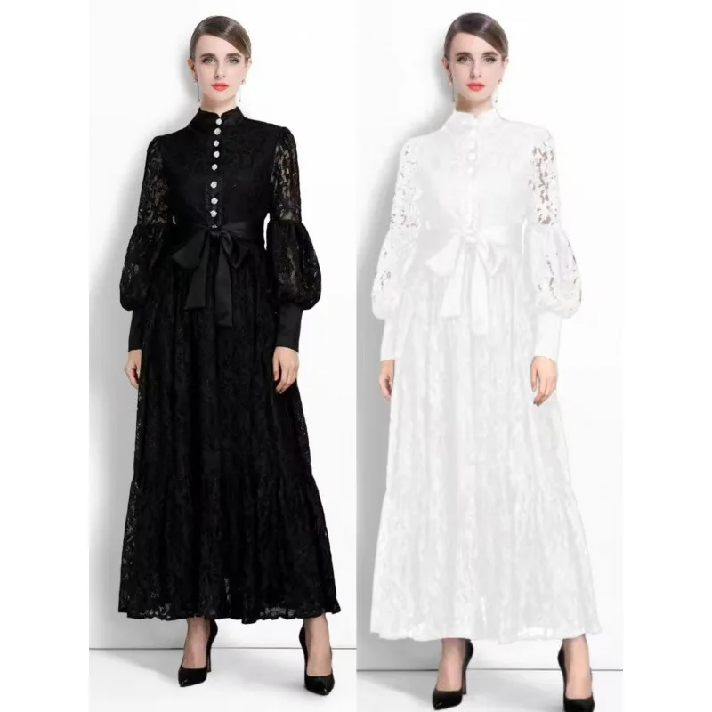 

Длинный све с поясом в стиле ретро, кружевной фонарь, све, лоскутное платье, со средней талией, женское платье, весна, лето, осень