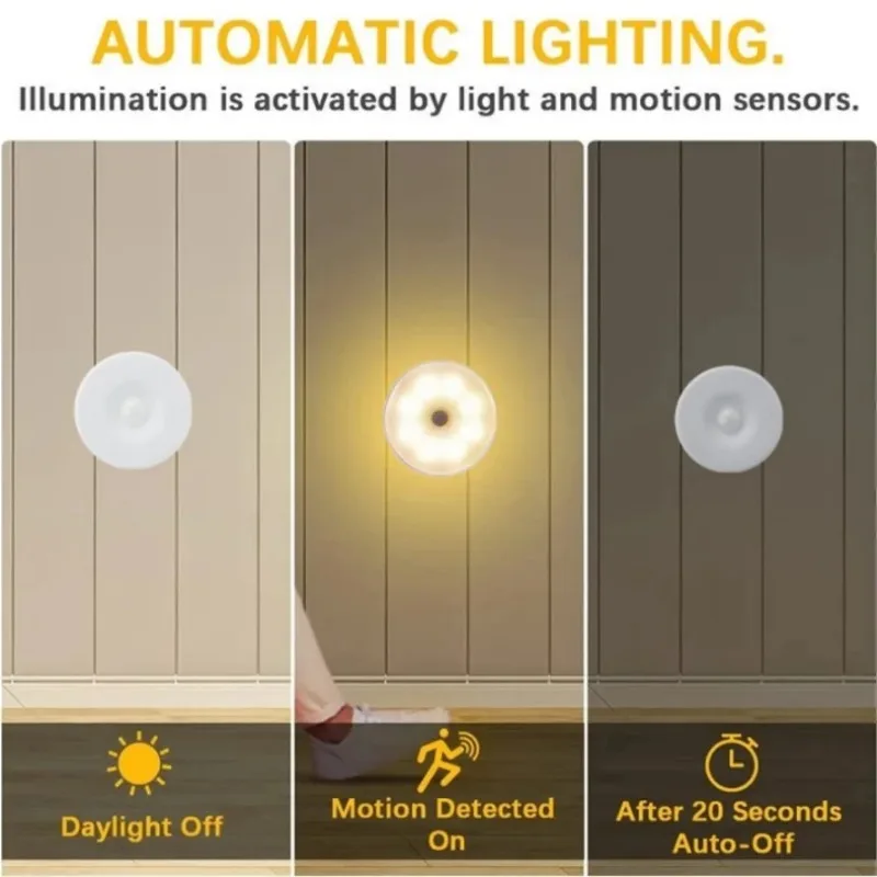 โคมไฟ LED เซ็นเซอร์ตรวจจับการเคลื่อนไหวกลางคืนแบบ USB พร้อมสวิตช์ไฟเหนี่ยวนำแบบชาร์จไฟได้สำหรับห้องครัวบันไดห้องโถงตู้เสื้อผ้าห้องนอน