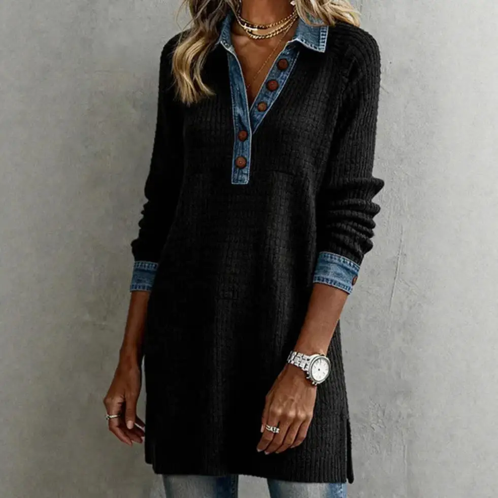 2025 outono nova estação independente botão para baixo denim retalhos longo gola sve dr cintura alta saia irregular casual sle