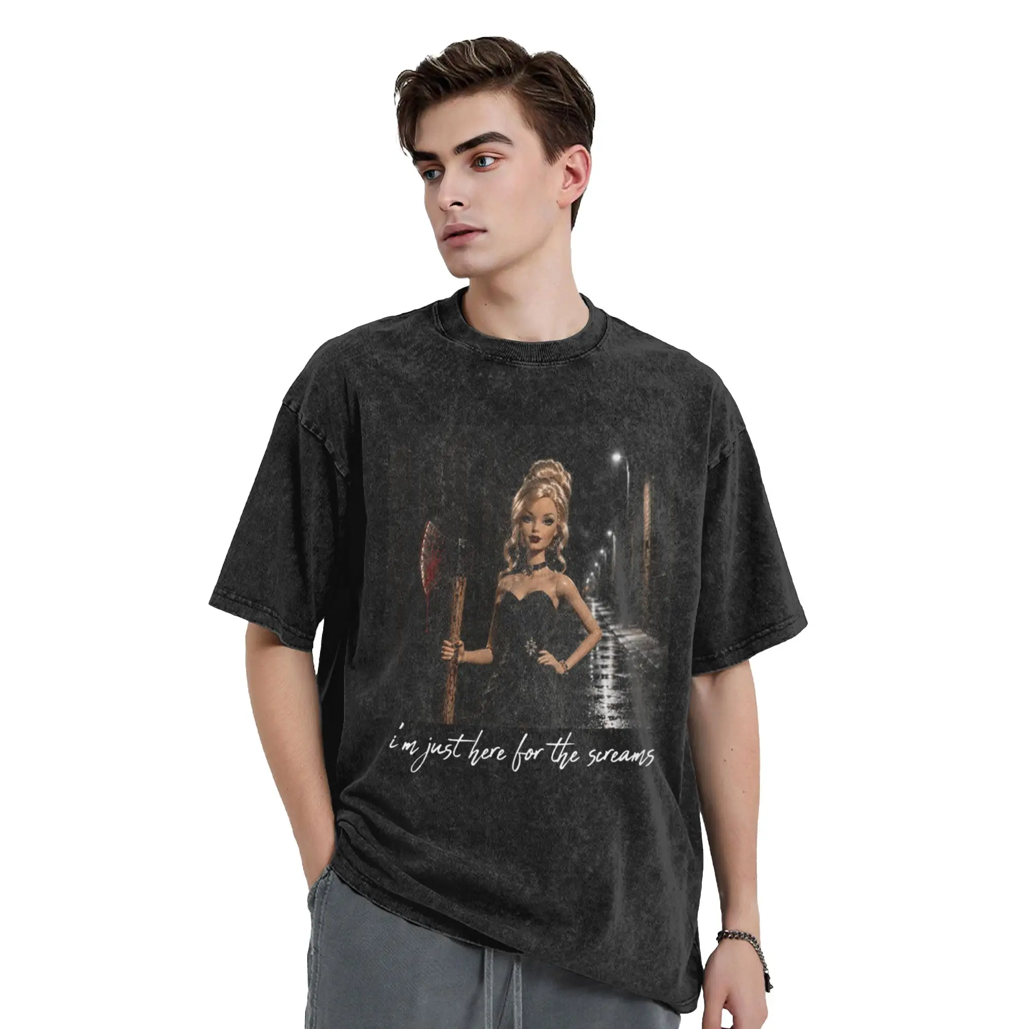 Novelty Funny D0ll Face Halloween I'm Just Here For The Screams T-Shirt Men Round Collar Pure Cotton Washed TShirt Short Sleeve