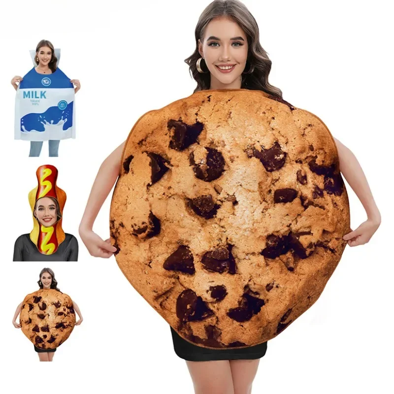 Ropa de Carnaval para adultos y niños, vestido de fantasía con estampado divertido de comida, galleta, leche, perro caliente, disfraces de escenario novedosos para fiesta de Halloween