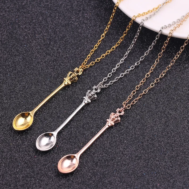 3 Colors Creative Mini Long Link Jewelry Spoon Necklace Tiny Tea Spoon Shape Pendant Necklace With Crown For Women