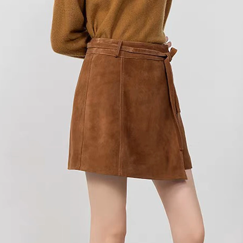 Vintage camurça couro real mini saia com faixas feminino outono coreano cintura alta pele de carneiro harajuku