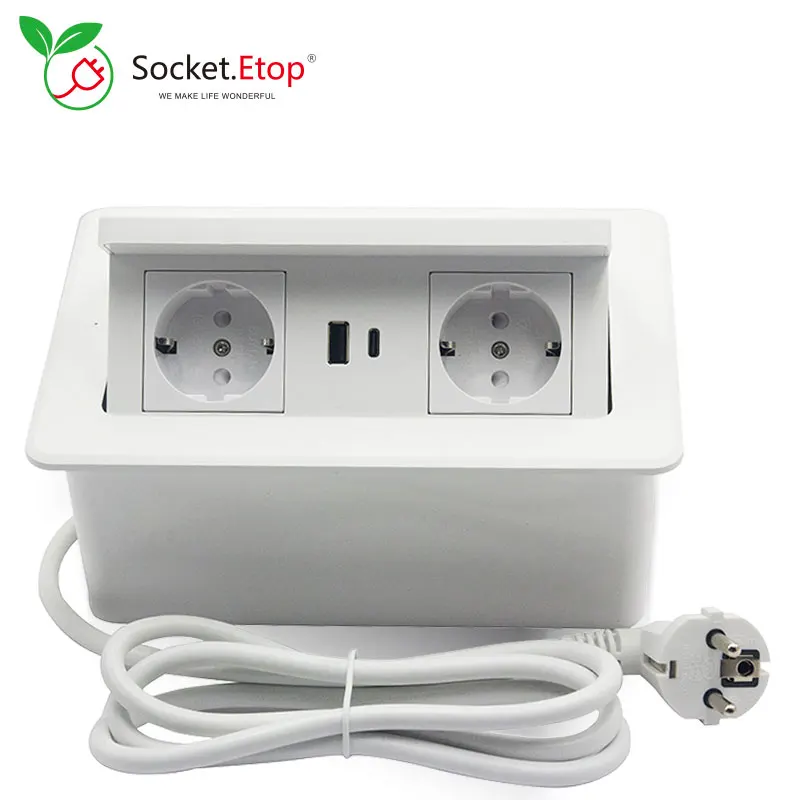 

High Quality EU Plug Damping Pop Up Electric Desktop Socket with 2 Schuko Power Outlets USB(A+C) PD20W Wireless Charger