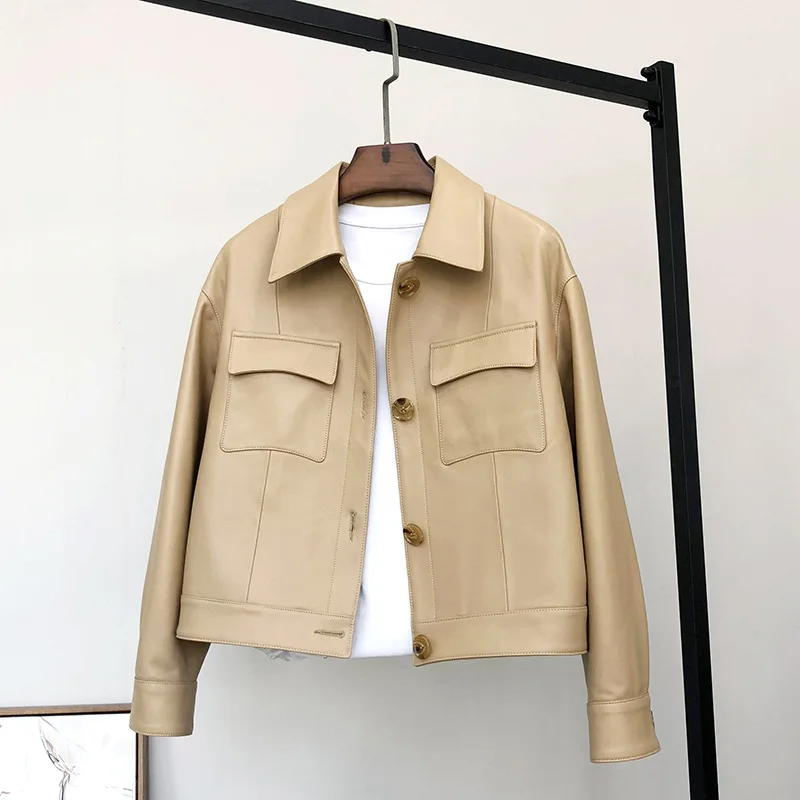 Veste en cuir véritable pour femme, manteau court, col carré, peau de mouton, personnalité de la mode, printemps, automne, nouveau