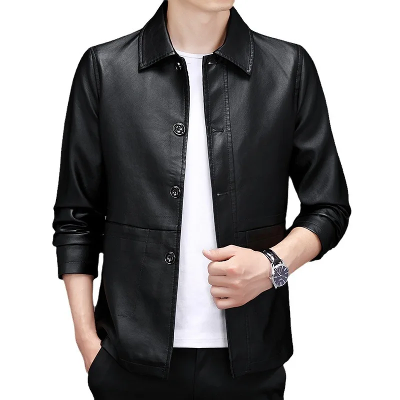 2024 Men's Autumn New Fashion Polo Collar Pu Leather Jacket