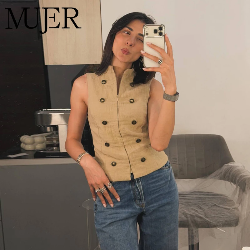 MUJER Knopfleisten-Hemden für Damen Sommer Ärmellose Weste Damen Hochgeschlossene Freizeithemden und Blusen Damen Streetwear Damen-Oberteile