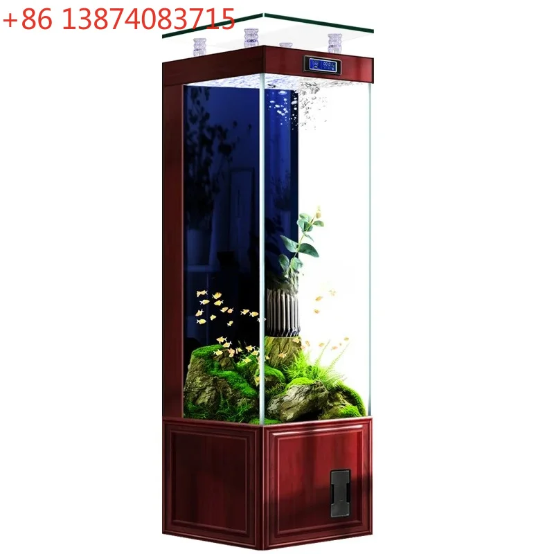 New Chinese imitation solid wood fish tank living room vertical floor ultra-white glass back filter small square tank