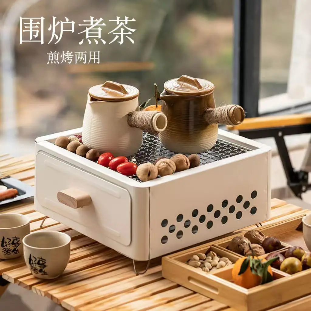 Portable All-in-One Ceramic Tea Brewing Roasting Stove, Stainless Steel Mesh Grill, Ideal for Outdoor Camping, Home Gatherings,