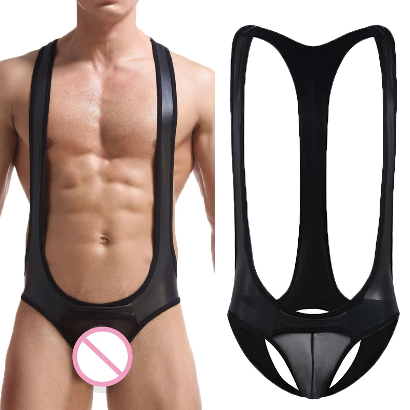 Sexy Mens Undershirts Jockstrap Mesh Open Crotch PU Leather Jumpsuits Wrestling Singlet Underwear Lingerie Latex Gay Bodysuits