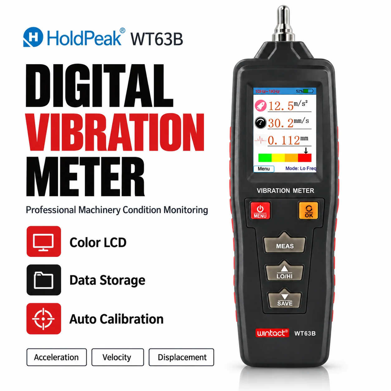 Handheld Vibration Meter, Digital Vibration Analyzer Tester Accelerometer 0.01 to 199.9mm/s, Acceleration, Velocity,Displacement