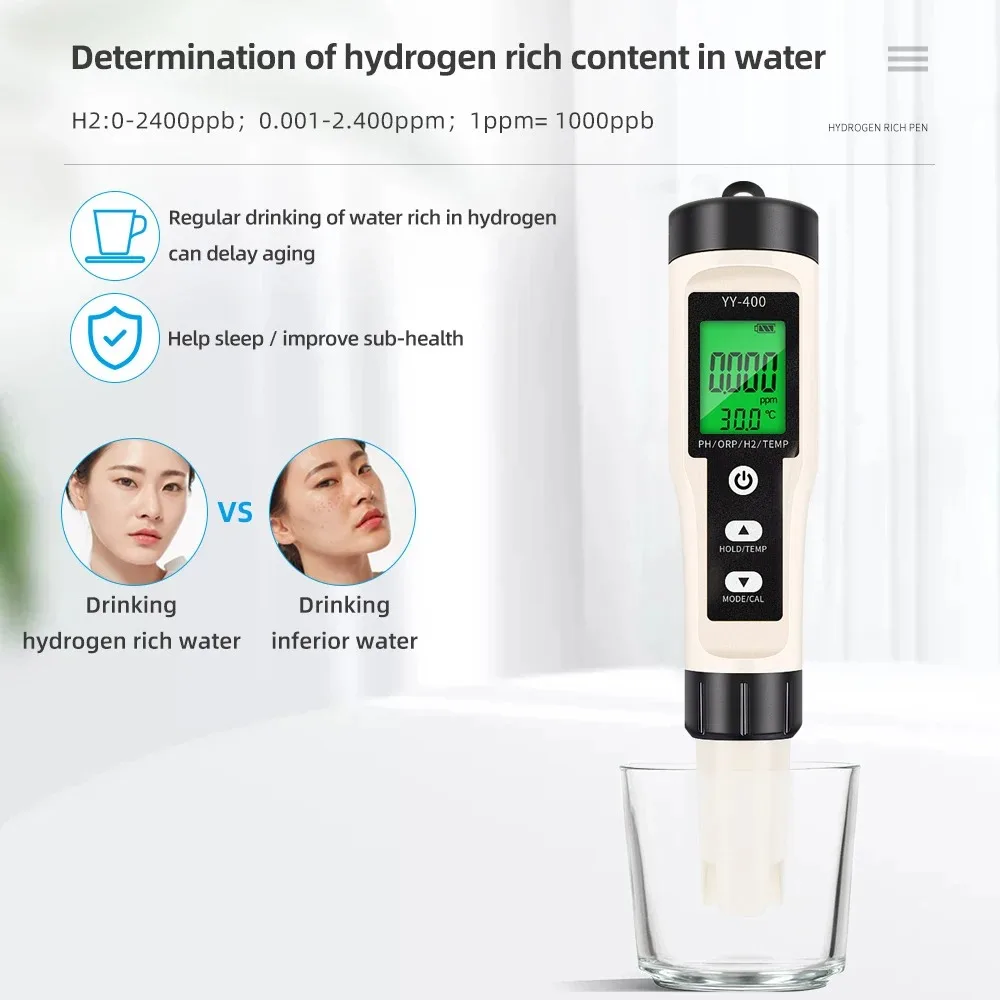 4-in-1 PH/H2/TEMP/ORP Tester Digital Hydrogen Ion Concentration Meter Water Quality Monitor for Aquarium Swimming Pool