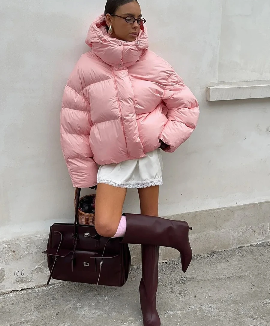 เสื้อแจ็คเก็ตผ้าฝ้ายบุหนาแบบมีฮู้ดสำหรับผู้หญิง เสื้อโค้ททรงขนมปัง อุ่นสบายสำหรับใส่เป็นเสื้อนอก