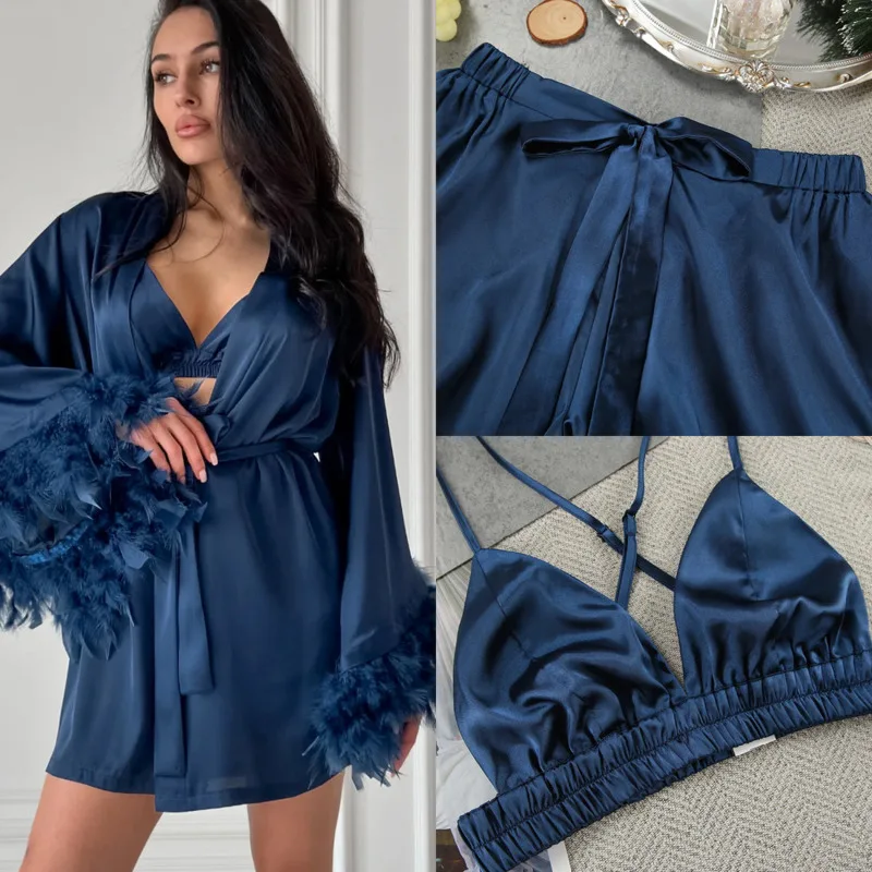 

2025 Feather Trim Pajama Set Sexy Satin Loungewear Three Piece Sleepwear With Shorts Robe And Bralette Soft Nightwear For Women