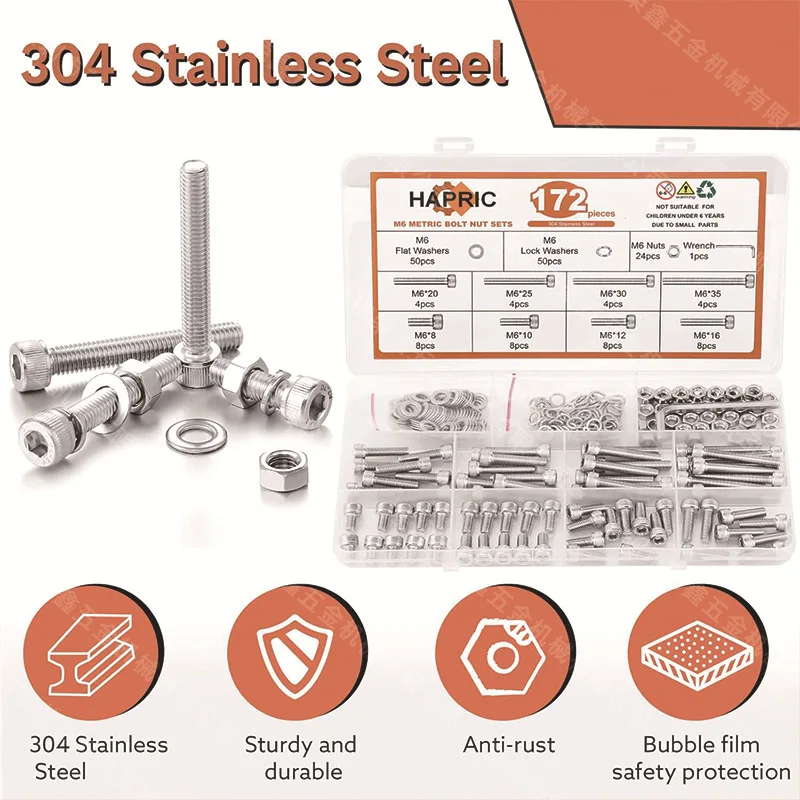 172Pcs Hex Socket Cap Head Bolts Nuts & Washers Assortment Kit, M6 Series, Cup Head Fasteners with Hex Wrench