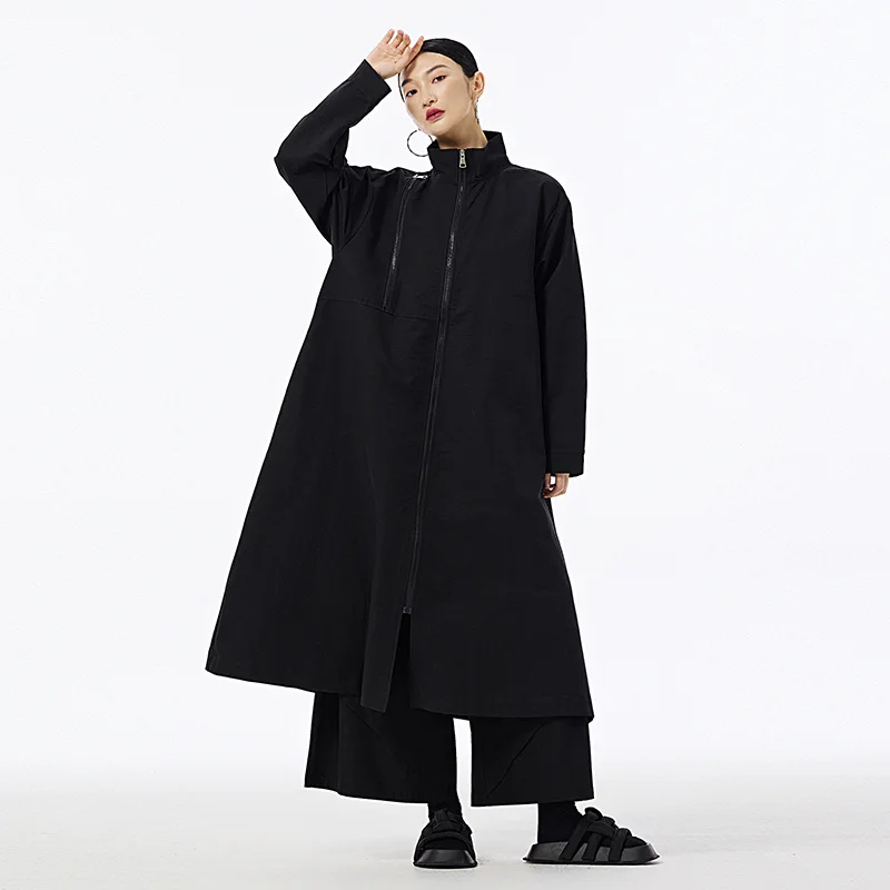 

Korean style women's coat, solid color long sleeved stand up collar windbreaker, 2025 autumn plus size casual women's coat