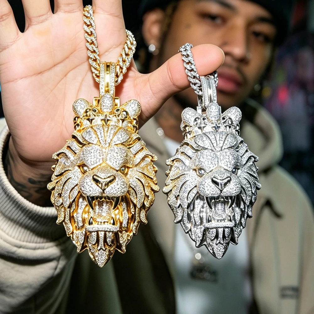 Hip-hop 3D Lion Head Pendant Punk Street Party Music Festival Fine Jewelry Gifts for Men Boy Friends Necklace Rapper Jewelry
