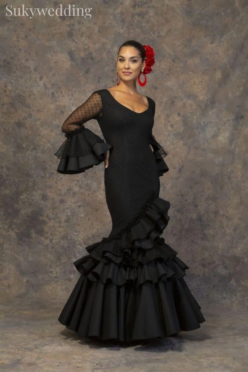 Vestidos de Fiesta Flamenca negra para mujer, falda con volantes, cuello en V, manga larga, ilusión de Hada, sirena española, vestidos de noche, fiesta de bailarina