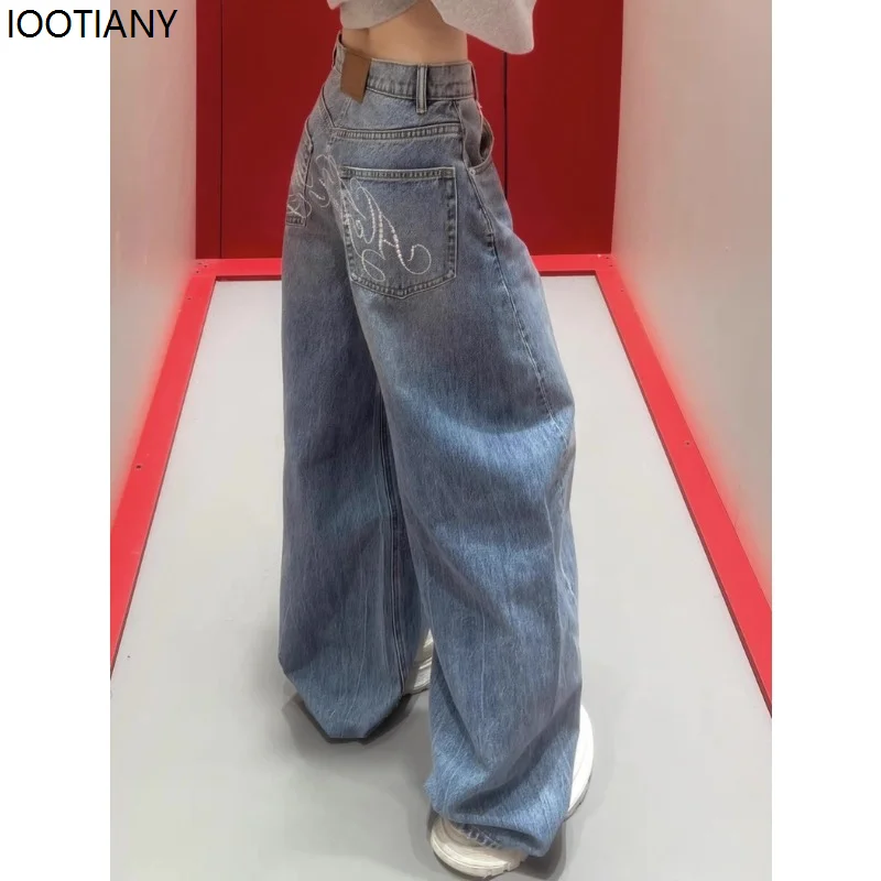 Large Size Hot Diamond Blue Vintage Letters Rhinestone Women's Jeans Washed High Waist Wide Leg American Loose Y2k Streetwear