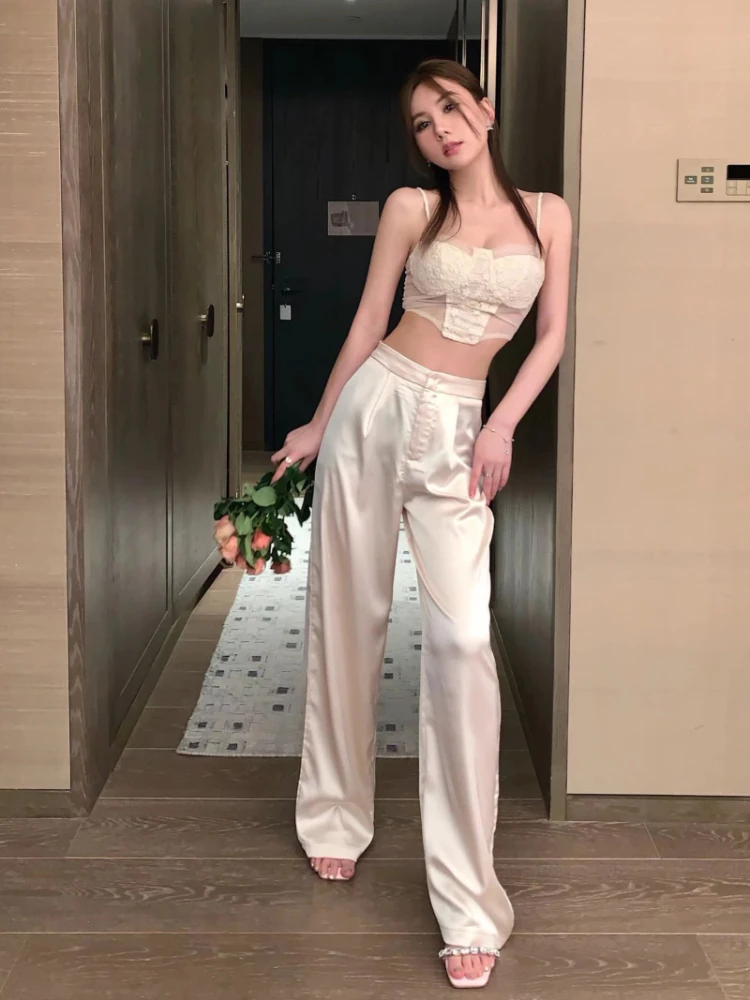 ADAgirl Acetate Satin Baggy Pants Women Y2k White High Waist Wide Leg Trousers Streetwear Fashion Casual Korean Mujer Pantalon