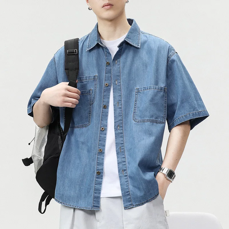 Korean Retro Men's Short-sleeved Denim Cargo Shirt Summer New Thin Harajuku Casual Loose Shirt for Men Coat Tops Streetwear Y2k