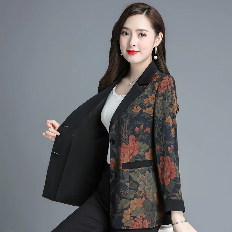 Vintage Printed Spliced Pockets All-match Blazer Women Clothing  Spring and Autumn Casual Tops Loose Office Lady Blazers