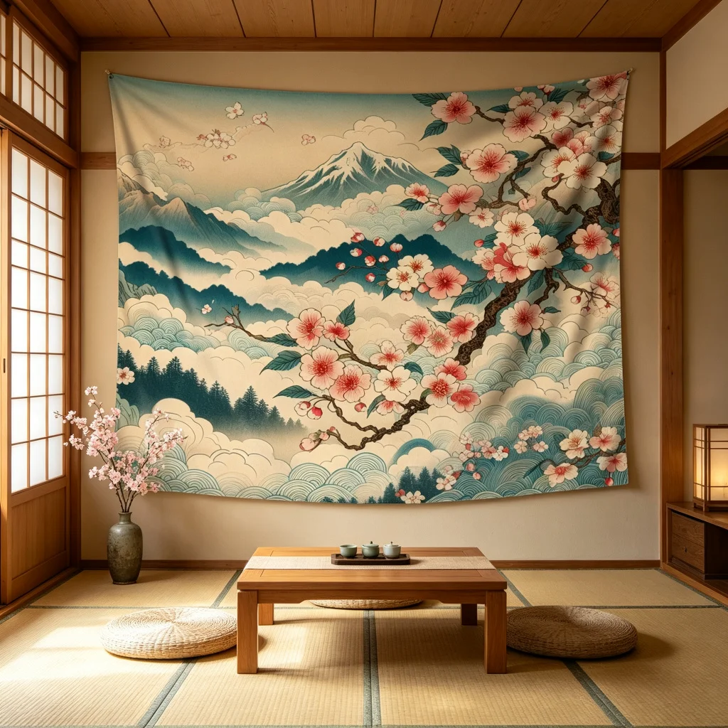 1PC Mount Fuji Cherry Blossom Print Backdrop Banner, Bedroom Photo Background, Polyester Wall Hanging, Home Decor, Wall Art