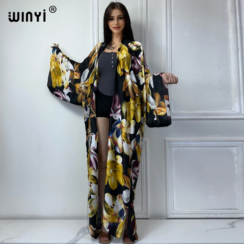 WINYI summer outfit kimono africa Flower print beach cover up maxi dress cardigans beach wear women 2024 abaya dubai luxury