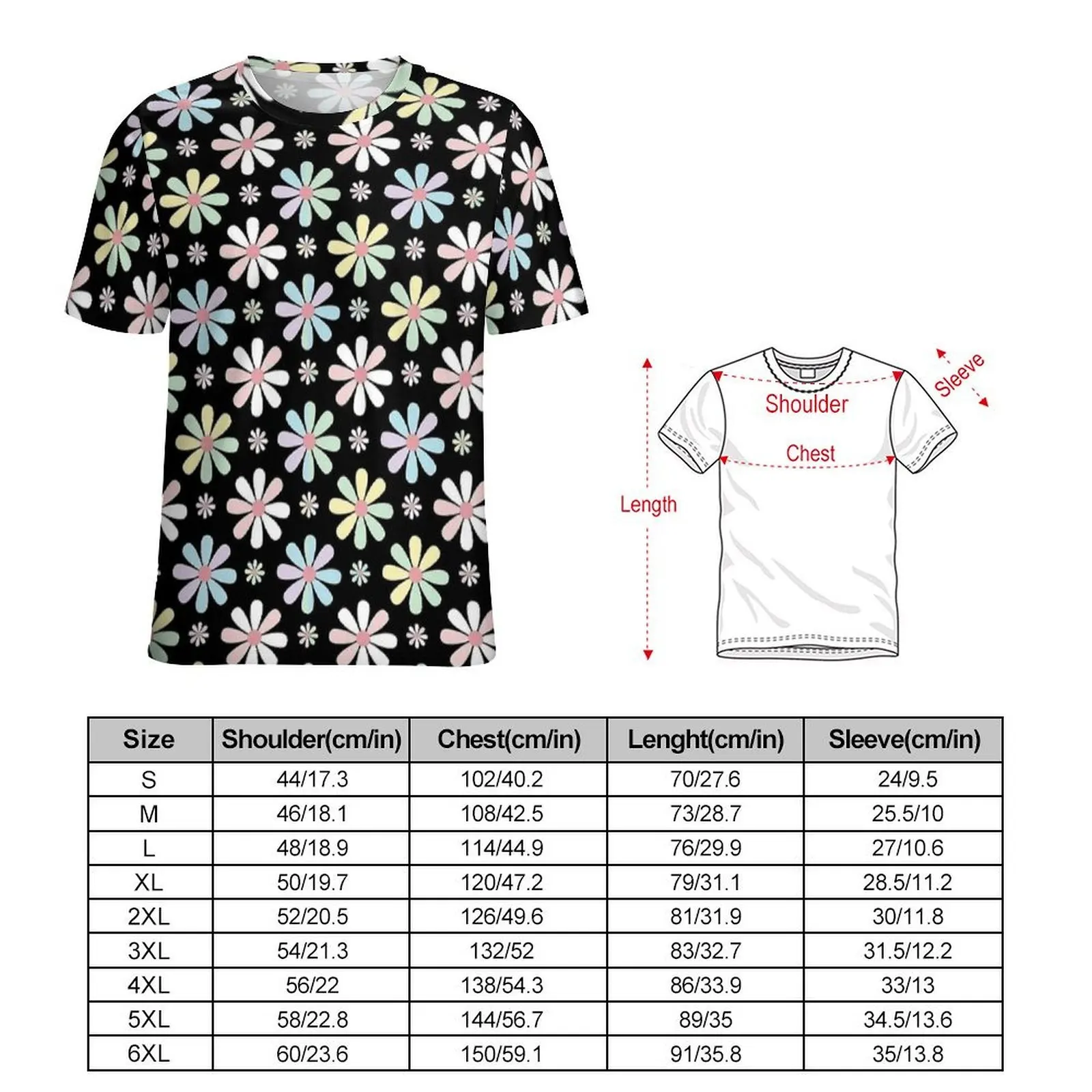 Pastel Daisy Black Pattern T-Shirt Male Popular T-Shirts Summer Pattern Tee Shirt Short-Sleeve Streetwear Big Size Clothes Gift