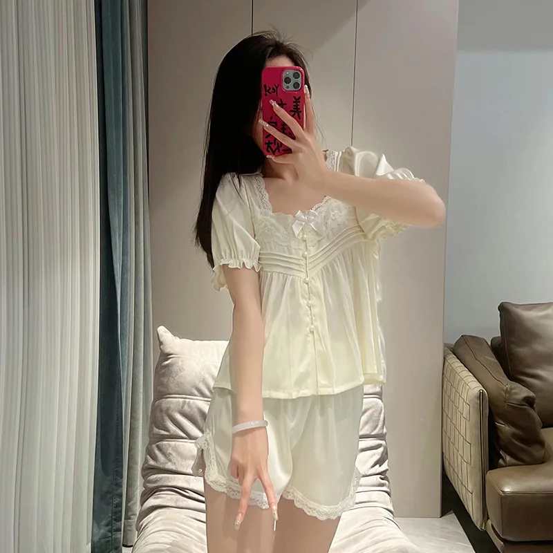 Summer Female Pajamas Set Short Sleeve Shirt Shorts Sleepwear Loungewear Women Silky Satin Nightwear Homewear