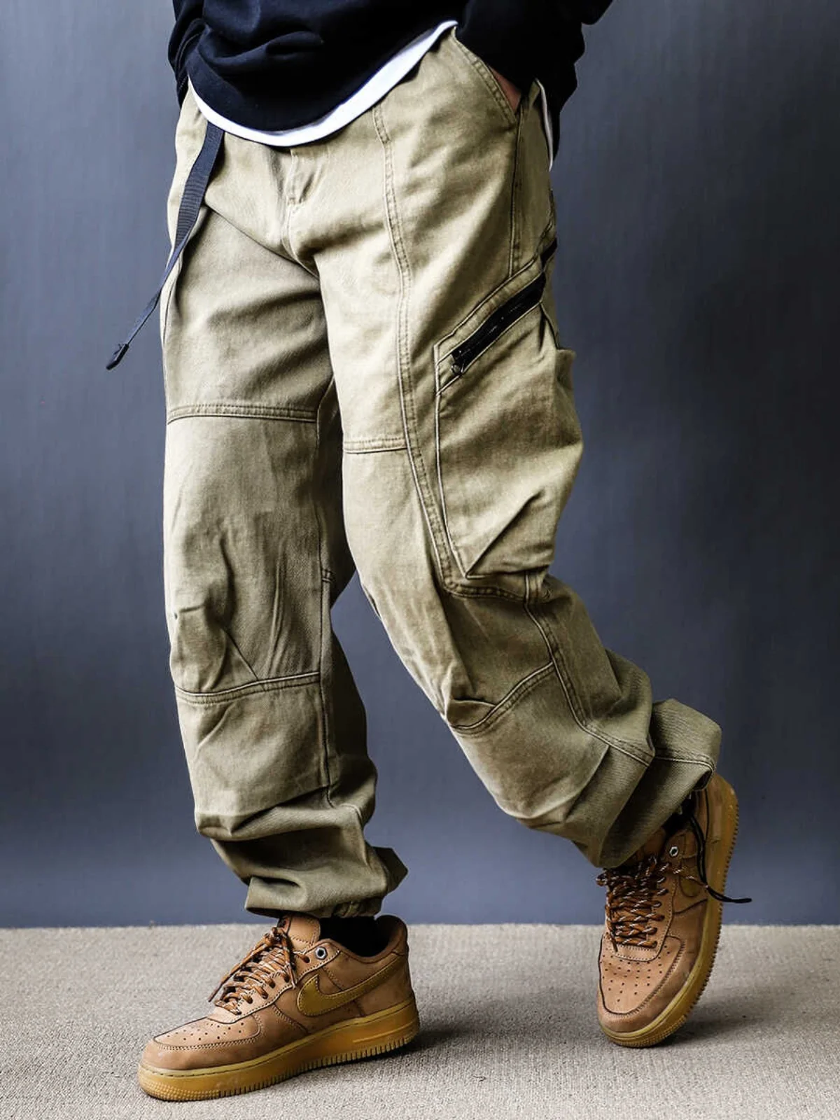 

Модные широкие брюки-карго для мужчин, весенние, из чистого американского хлопка, 2024, в стиле милитари, с большими карманами, на шнурке, с манжетами, длинные брюки