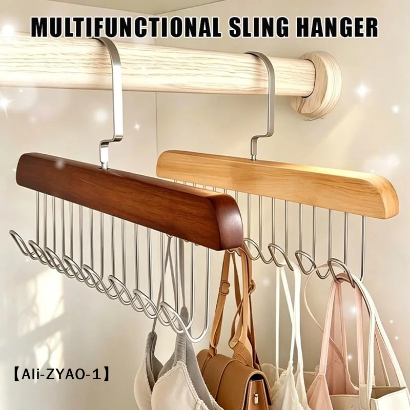 【O】Wooden Multifunctional Sling Hanger With Metal Hooks For Closet Organizing Storing Bras Bags Tank Tops