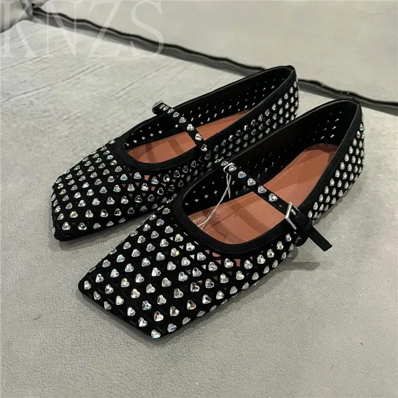 

Spring Summer New Square Toe Natural Kid Suede Ballet Flats Woman Crystal Hollow Mary Jane Shoes Casual Single Shoes Women 2024