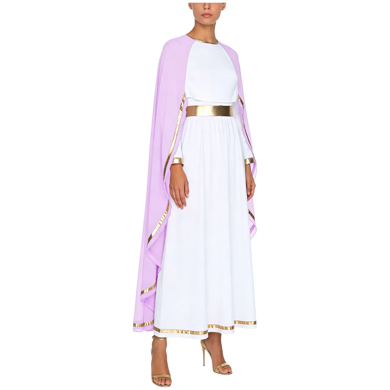 

Women Ancient Greek Queen Dress Integrated Chiffon Cape Flared Long Sleeve Metallic Trim Maxi Toga Dress for Halloween Cosplay