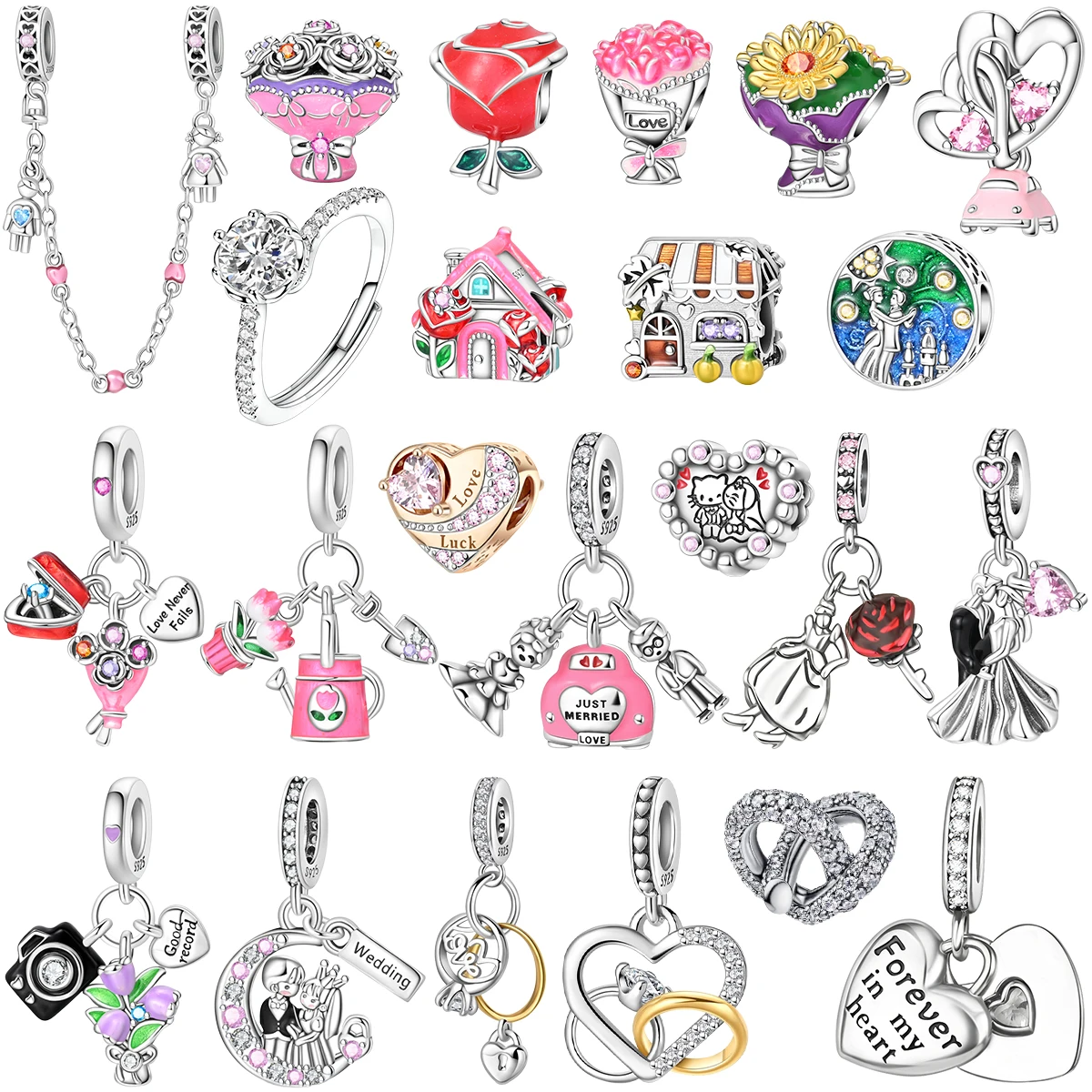 

Original 925 Sterling Silver Romantic Wedding Charms Bouquet Ring Rose Heart Beads Pendants Fit Bracelets DIY Fine Jewelry Gifts