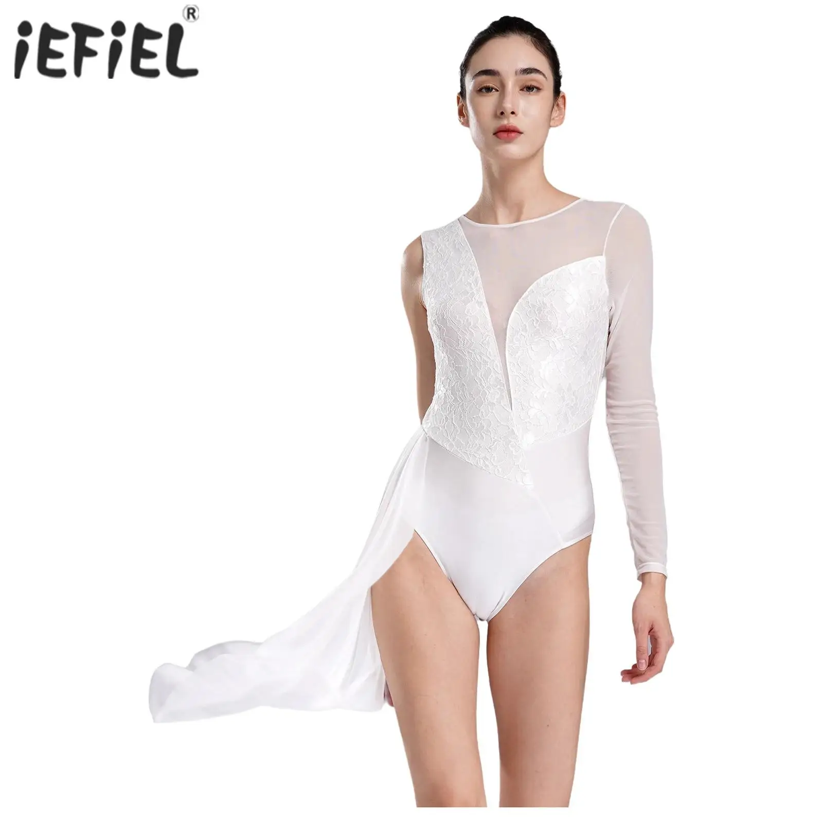 Womens Gymnastics Ballet Jersey Lyrical Dance Leotard Costume Sheer Mesh Long Sleeve Floral Lace Patchwork Deep V Back Bodysuit