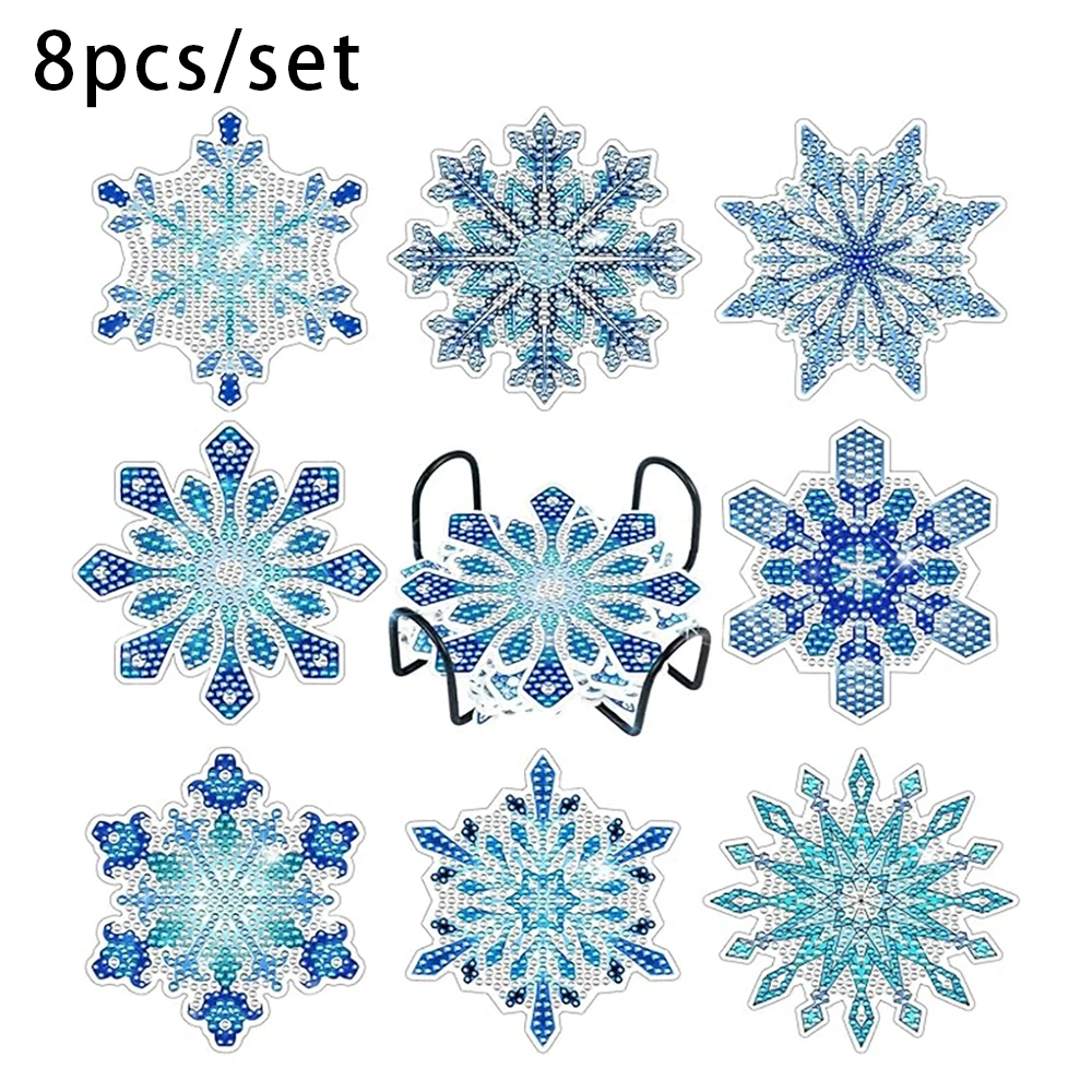 8 Stück Diamant-Kunst-Untersetzer mit Halterungen, DIY Schneeflocken-Serie Diamant-Kunst-Untersetzer, Geeignet für Erwachsene und Kinder