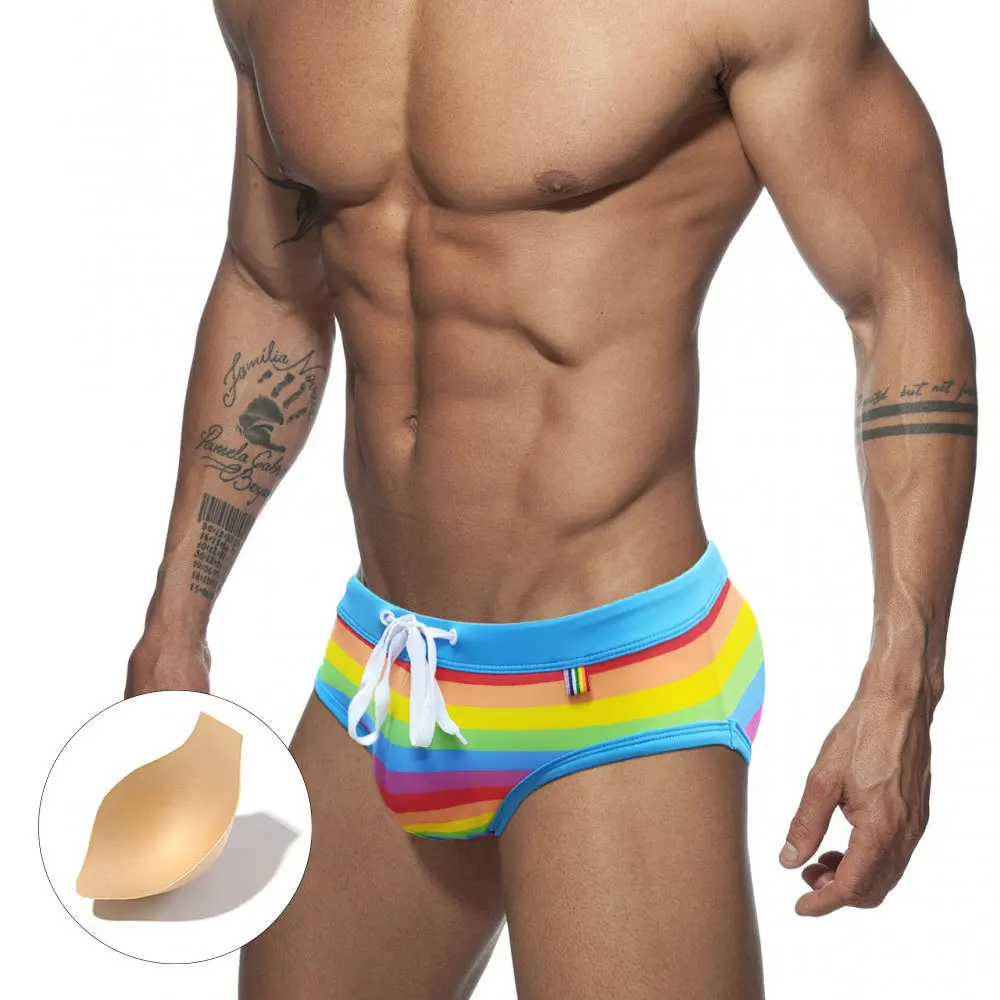 

Push Up Mens Swim Briefs Rainbow Stripe Swimwear Bikini Swimming Trunks For Man Sexy Gay Swimsuit Beach Shorts Zwembroek Desmiit