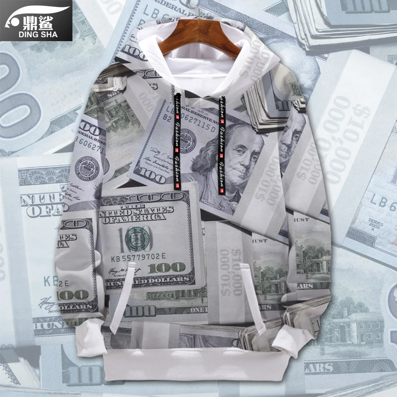 

Мужская толстовка с капюшоном на флисовой подкладке с принтом в виде символа денег, повседневная уличная одежда, зимняя верхняя одежда из смесового полиэстера