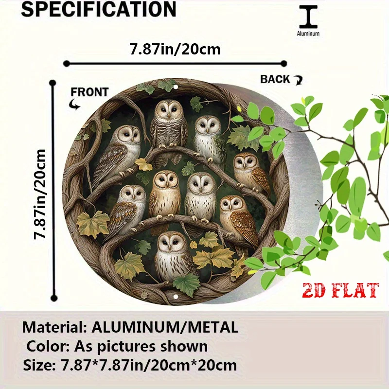 [2D Flat] Vintage Owl Metal Wall Art - Rustic Round Aluminum Sign with Owls Perched on Tree Branches & Green Leaves, Perfect for