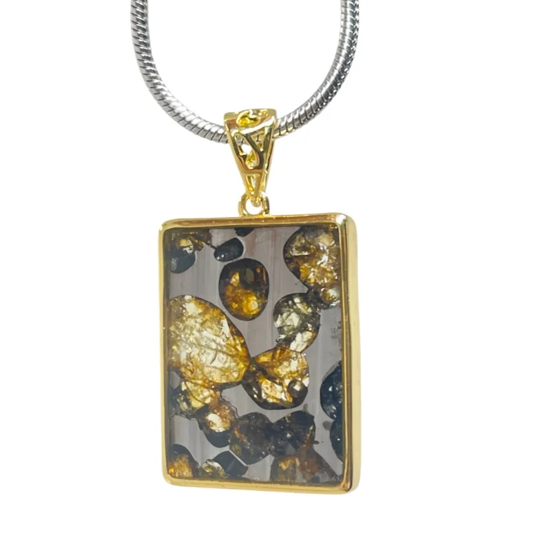 5.3g Seymchan Meteorite Pendant Natural Pallasite Meteorite Slice Rectangle Shape Alloy Frame Necklace Jewelry -LB177