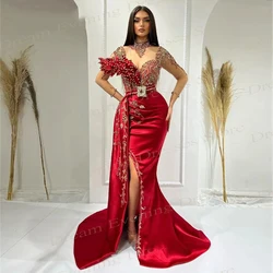 Sexy Red Women's Mermaid Elegant Evening Dresses High Neck Long Sleeve Customized Prom Gowns Side Split Pleated Vestido Festa