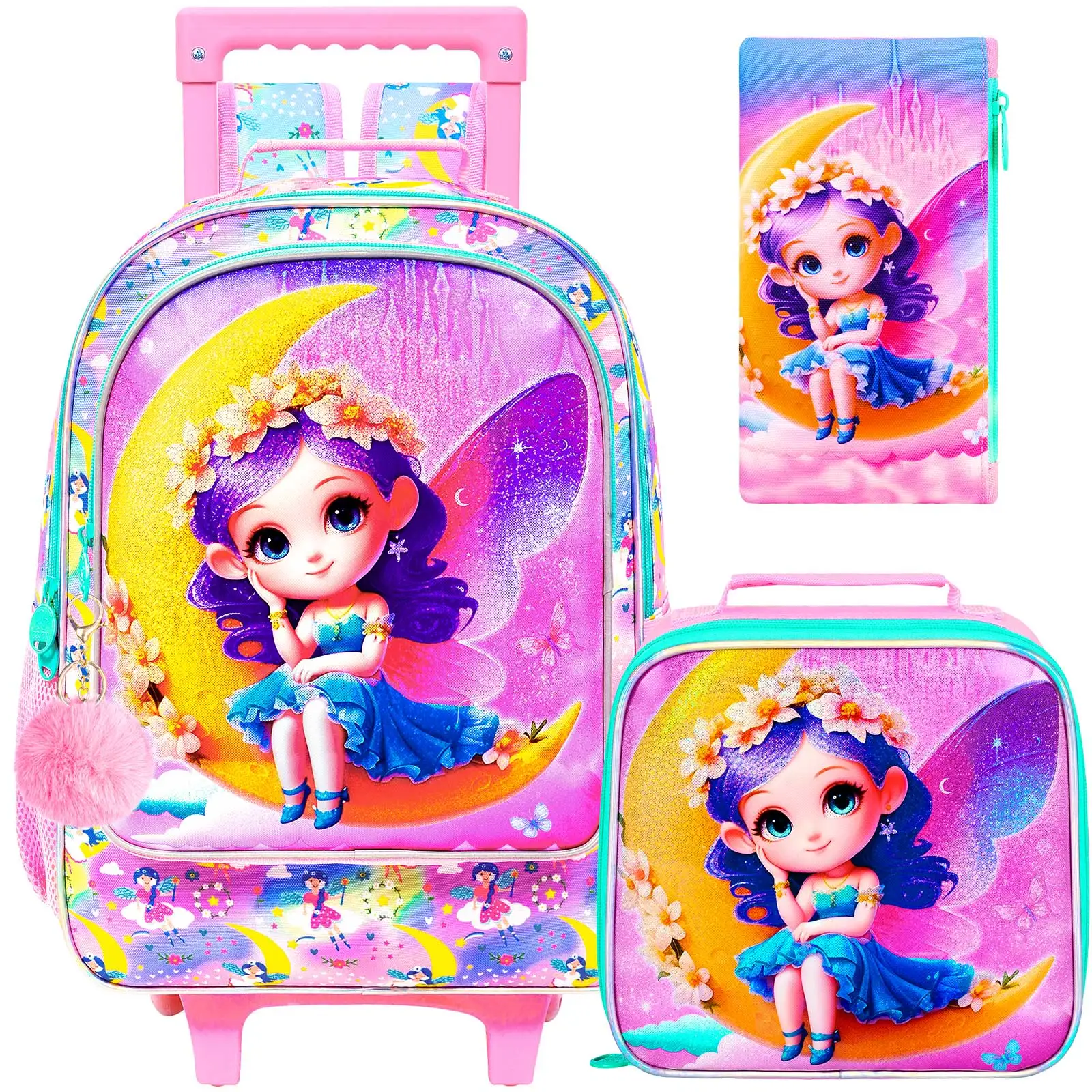 

3 шт. рюкзак на колесиках для девочек, детская сумка для книг на роликах, школьная сумка на колесиках с сумкой для обеда, лунная фея имеет фиолетовые волосы
